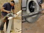 3-D animation of power saw, plywood, particles, and environment.  Video produced by award winning WorkSafeBC.